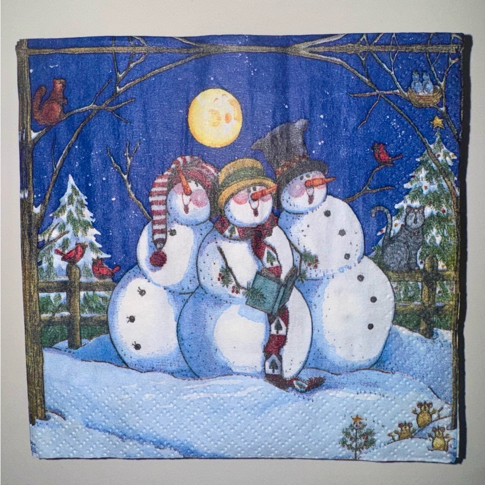 Festive Snowman Napkins:  3 Snomen under the moon Qty 15 & single snowman Qty 20